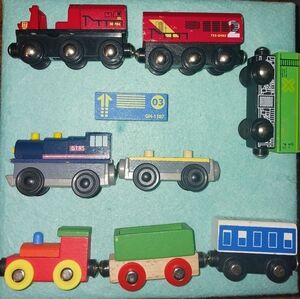 Early 2000s Wooden Train Set with Colorful Engines, Toys R Us & KidKraft